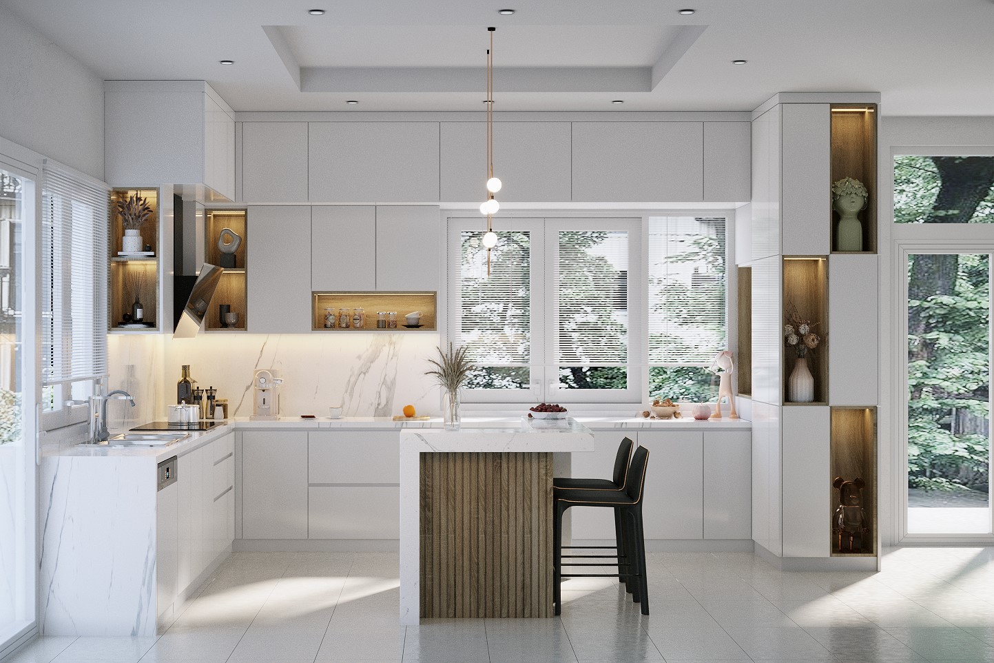 Mẫu tủ bếp sử dụng Acrylic bóng gương màu trắng kết hợp với đá ốp bếp trắng sứ vân mây